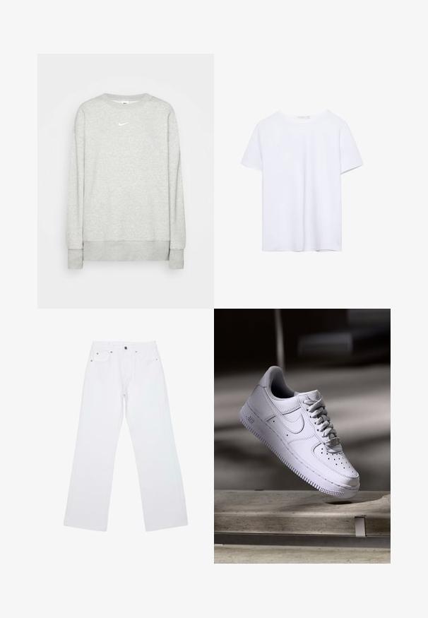 Helle graue Sweatshirt mit Rundhalsausschnitt aus weichem Material, das ein kleines weißes Nike-Logo auf der Brust und gerippte Bündchen sowie Saum aufweist.; Ein einfarbiges weißes T-Shirt mit kurzen Ärmeln und Rundhalsausschnitt, mit geradem Saum, auf einem weißen Hintergrund präsentiert.; Weiße Straight-Leg-Jeans mit fünf Taschen, Gürtelschlaufen und einem vorderen Verschluss mit Knopf und Reißverschluss, flach auf einem weißen Hintergrund liegend.; Weißer Nike Air Force 1 Sneaker schwebt über einer Betonoberfläche mit Schatten in einem minimalistischen Umfeld.