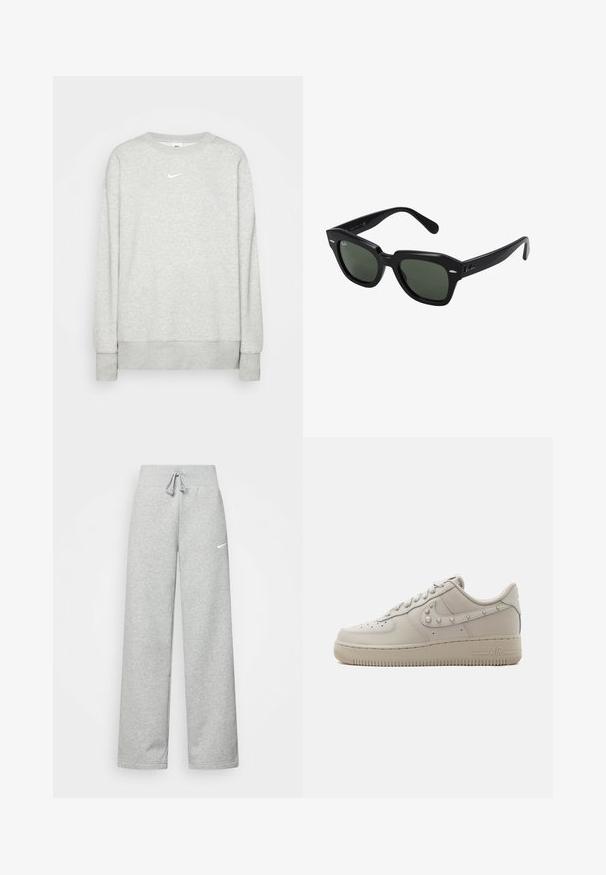 Svetlá šedá mikina s krátkym rukávom vyrobená z mäkkého textilu, s malým bielym logom Nike na hrudi a rebrovými manžetami a lemom.; Šedé tepláky s elastickým pásom, detailom na šnúrku a malým bielym logom Nike na ľavom stehne. Mäkká tkanina, voľný strih.; Nízke béžové kožené tenisky s cvokmi na logu Nike swoosh, perforovanou špičkou a hrubou gumovou podrážkou s označením "AIR" na boku.; Čierne slnečné okuliare štvorcového tvaru s tmavozelenými sklami, s výraznými rámami a striebornými akcentmi po stranách. Vyrobené v Taliansku.