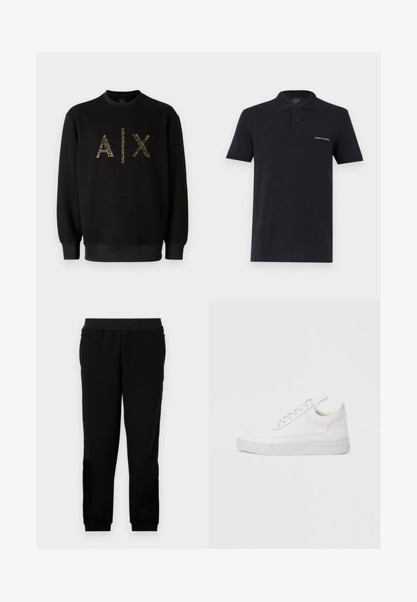 Zwarte sweatshirt met ronde hals, met gouden glitterletters "AIX" op de voorkant. Elastische boorden en zoom. Zacht katoenmateriaal.; Zwart poloshirt met korte mouwen, voorzien van twee knopen op de sluiting en een "Armani Exchange" logo patch op de linkerborst.; Zwarte sportbroek gemaakt van zachte stof, met een elastische tailleband, getailleerde manchetten en zijzakken voor extra gemak.; Witte leren sneaker met een afgeronde neus, platte zool en veters aan de voorkant. Voorzien van stikseldetails en een gevoerde kraag voor comfort.