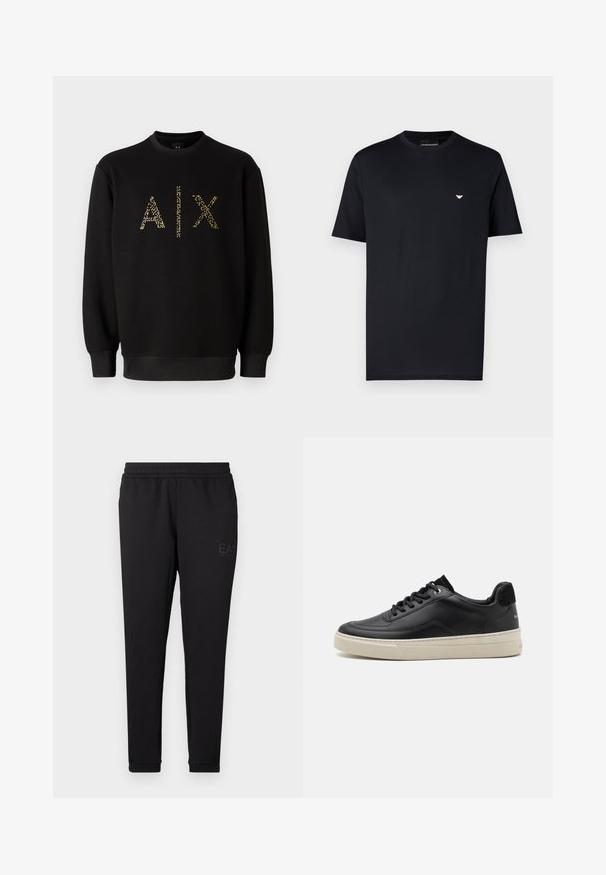 Zwarte sweatshirt met ronde hals, met gouden glitterletters "AIX" op de voorkant. Elastische boorden en zoom. Zacht katoenmateriaal.; Zwart katoenen T-shirt met een ronde hals, korte mouwen en een klein goudkleurig logo op de borst. Gladde textuur, standaard pasvorm.; Zwarte joggingsbroek van zacht weefsel, met een elastische tailleband, nauwsluitende boorden en een klein logo op de zijkant gedrukt.; Zwart leren sneaker met een laag profiel, voorzien van een crèmekleurige rubberen zool, ronde neus en vetersluiting, geaccentueerd met een zwarte suede hiel.