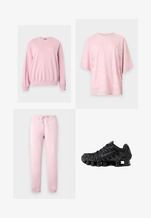 Sweat-shirt rose clair à manches longues avec col rond, poignets et bas côtelés, avec un petit logo Jumpman blanc sur la poitrine gauche.; T-shirt rose clair à manches courtes et col rond avec un motif de texte embossé subtil sur l'ensemble du tissu et un petit logo en relief au centre de la poitrine.; Pantalon de survêtement rose clair avec poignets et taille élastiques, doté d'un cordon de serrage à l'avant et d'un petit logo blanc sur la partie supérieure de la cuisse gauche.; Chaussure de sport noire avec une tige en mesh et des superpositions brillantes. Dotée d'un amorti à ressorts courbés et de lignes texturées sur le côté. Logo Nike visible.