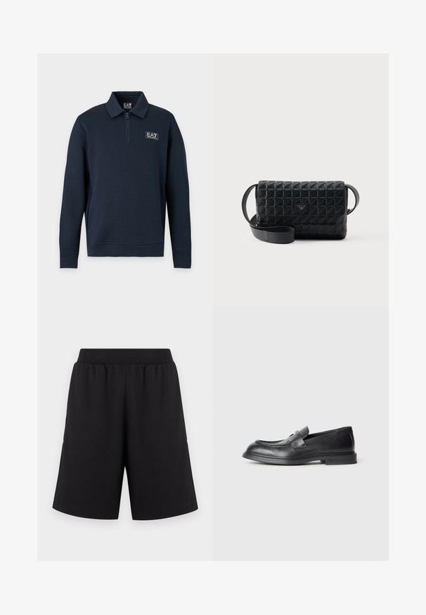 Pull bleu marine à manches longues avec col à fermeture éclair partielle et petit logo EA7 Emporio Armani sur la poitrine gauche.; Shorts noirs avec une taille élastique, fabriqués en tissu doux, présentant des jambes à coupe droite et sans motifs ni accents apparents.; Mocassins en cuir noir avec une finition texturée, dotés d'une bride décorative à l'avant et d'un bout arrondi. Semelle en caoutchouc pour plus de durabilité.; Sac bandoulière noir texturé avec une fermeture à rabat et un petit logo en métal sur le devant, présenté sur un fond uni.