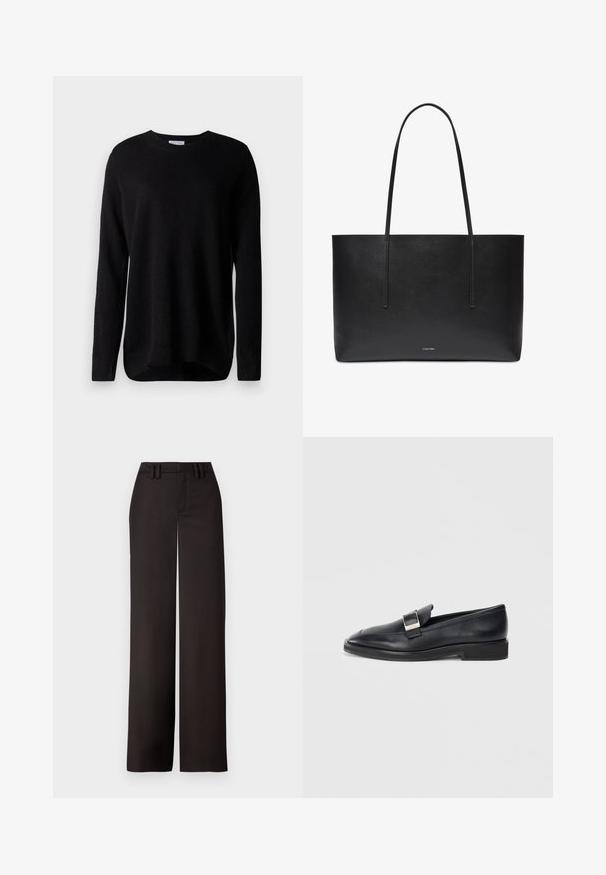Schwarzer Pullover aus weicher Baumwolle, mit langen Ärmeln, runder Ausschnitt und gerippten Bündchen. Einfaches Design, ohne Muster oder Akzente.; Schwarze weit geschnittene Hose mit flacher Vorderseite, Gürtelschlaufen und glatter Textur, entworfen für eine maßgeschneiderte Passform. Keine sichtbaren Metallteile oder Muster.; Schwarze Lederloafer mit einer silbernen rechteckigen Schnalle oben und einem niedrigen Absatz vor weißem Hintergrund.; Schwarze rechteckige Ledertasche mit zwei langen Griffen und einem kleinen weißen Calvin Klein-Logo, das mittig nahe dem unteren Rand angebracht ist.