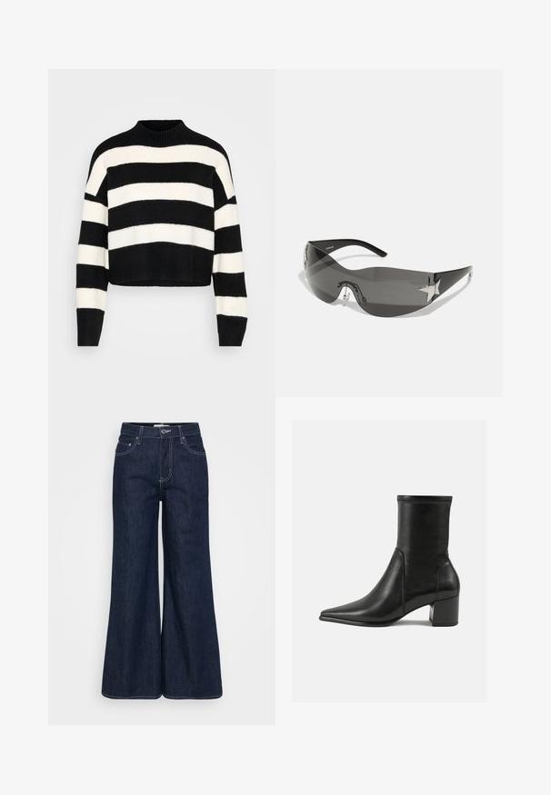 Zwart-witte horizontaal gestreepte cropped trui met lange mouwen, ribbelige hoge halslijn en boorden, weergegeven op een lichte achtergrond.; Donkere denim wijde broek met een hoge tailleband, voorzien van voorzakken, contrasterende stiksels en een nette zoom.; Zwarte enkelboot van soepel leer, met een spitse neus, een blokhak en duidelijke verhoogde stiksels aan de bovenrand.; Zwarte zonnebril met een wrap-around ontwerp, donkergetinte glazen, glanzende stervormige accenten en verstelbare neussteunen.
