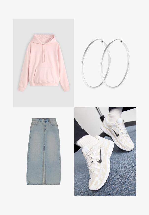 Helle rosa Kapuzenpullover mit großer Fronttasche, Kordelzug und gerippten Bündchen. Hergestellt aus weichem, bequemem Material mit minimalem Branding.; Hellblauer Denim-Midirock mit vorderem Schlitz, fünf Taschen, Gürtelschlaufen und einem Reißverschluss. Verfügt über dezente Ausbleichungen und Steppdetails.; Weiße und beige Nike-Sneaker mit einem Obermaterial aus Mesh, strukturiertem Overlay, schwarzem Swoosh und einer gepolsterten Sohle mit rutschfester Außensohle.; Silberfarbene Creolen mit einer glatten, runden Form und einer polierten Oberfläche. Beide Ohrringe haben die gleiche Größe und verfügen über einen sicheren Verschlussmechanismus.