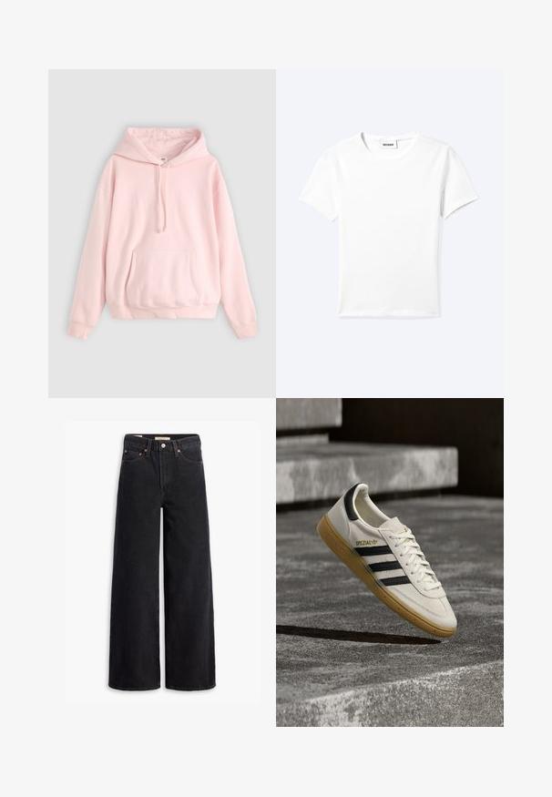 Lichtroze hoodie met een grote voorzak, kap met trekkoord en ribbels aan de mouwen. Gemaakt van zachte, comfortabele materialen met minimale merkaanduidingen.; Effen wit T-shirt met korte mouwen en ronde hals met een klein "WEEKDAY" label aan de binnenkant van de hals, plat neergelegd op een lichte achtergrond.; Zwarte brede jeans gemaakt van denim, met vijf zakken, koperen klinknagels en een klassieke knoopsluiting. Glad van textuur met een strakke uitstraling.; Witte Adidas Spezial sneaker met zwarte strepen en gumzool, zwevend boven grijze stenen trappen buiten.