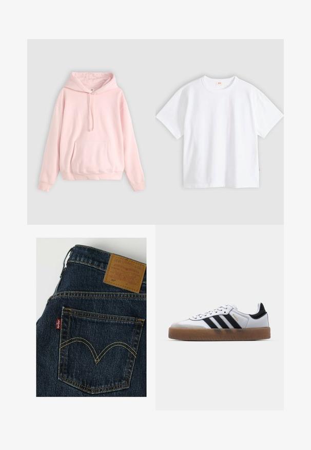 Hoodie rose clair avec une grande poche avant, capuche à cordons et poignets côtelés. Fabriqué en tissu doux et confortable avec un branding minimal.; T-shirt en coton blanc à manches courtes, col rond, coupe décontractée, texture lisse, avec une petite étiquette logo sur la couture latérale gauche.; Jean Levi’s bleu foncé montrant la poche arrière avec une couture jaune et une étiquette en cuir marron Levi Strauss sur la ceinture.; Baskets en cuir blanc avec des rayures noires, semelle extérieure en caoutchouc beige, bout rond, fermeture lacée et embout en suède gris doux.