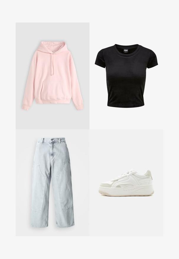 Helle rosa Kapuzenpullover mit großer Fronttasche, Kordelzug und gerippten Bündchen. Hergestellt aus weichem, bequemem Material mit minimalem Branding.; Schwarzes, kurzärmeliges Cropped-Top aus weichem, samtigem Stoff. Es verfügt über einen klassischen runden Ausschnitt und ein schlichtes Design ohne Muster oder Akzente.; Helle blaue Denim-Hosen mit weitem Bein, großen Seitentaschen, hohem Bund und lockerer Passform. Abgenutzte Textur mit verwaschenem Finish.; Weißer Low-Top-Sneaker mit strukturierter Sohle, Schnürung vorne und gesteppte Paneeldetails auf hellem, einfarbigem Hintergrund.