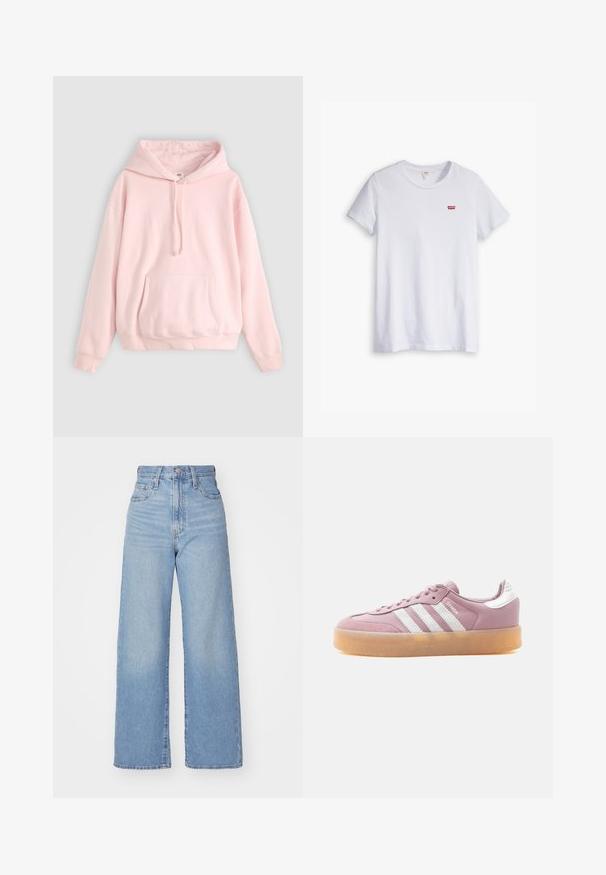 Lichtroze hoodie met een grote voorzak, kap met trekkoord en ribbels aan de mouwen. Gemaakt van zachte, comfortabele materialen met minimale merkaanduidingen.; Witte katoenen t-shirt met korte mouwen en een ronde hals. Bevat een klein rood Levi's-logo op de linkerborst.; Lichtblauwe high-waist wijde jeans met een knoop- en ritssluiting aan de voorkant, voor- en achterzakken, op een witte achtergrond.; Lage roze sneaker met witte strepen, zool van gummy rubber en "SAMBA" tekst aan de zijkant.