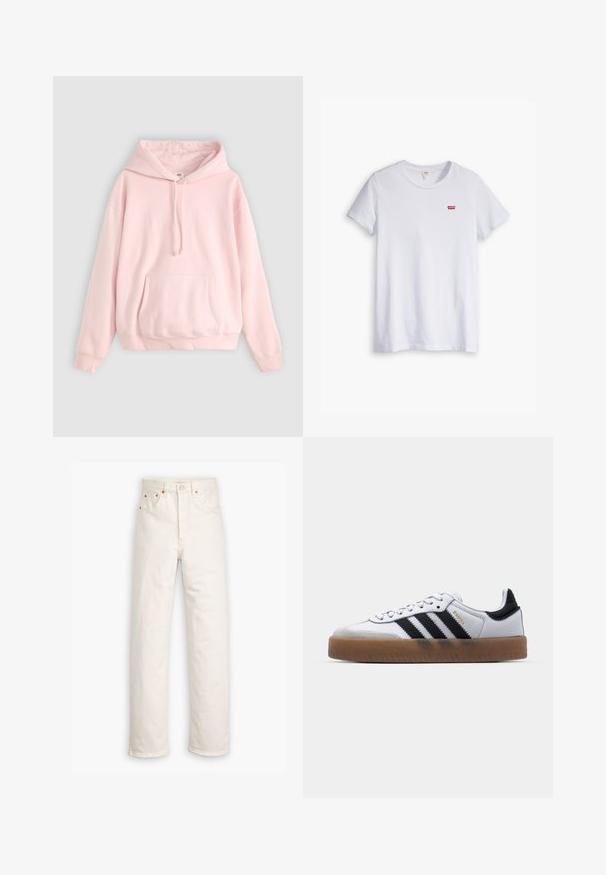 Helle rosa Kapuzenpullover mit großer Fronttasche, Kordelzug und gerippten Bündchen. Hergestellt aus weichem, bequemem Material mit minimalem Branding.; Weißes Baumwoll-T-Shirt mit kurzen Ärmeln und rundem Ausschnitt. Besitzt ein kleines rotes Levi's-Logo auf der linken Brustseite.; Weiße Denim-Jeans mit geradem Bein, im Fünf-Taschen-Stil und mit kupferfarbenen Hardware-Details. Rohschnitt an den Knöcheln.; Weiße Leder Sneakers mit schwarzen Streifen, Gummigummi-Außensohle, runder Zehenform, Schnürverschluss und weichem grauem Wildleder-Zehenkappe.