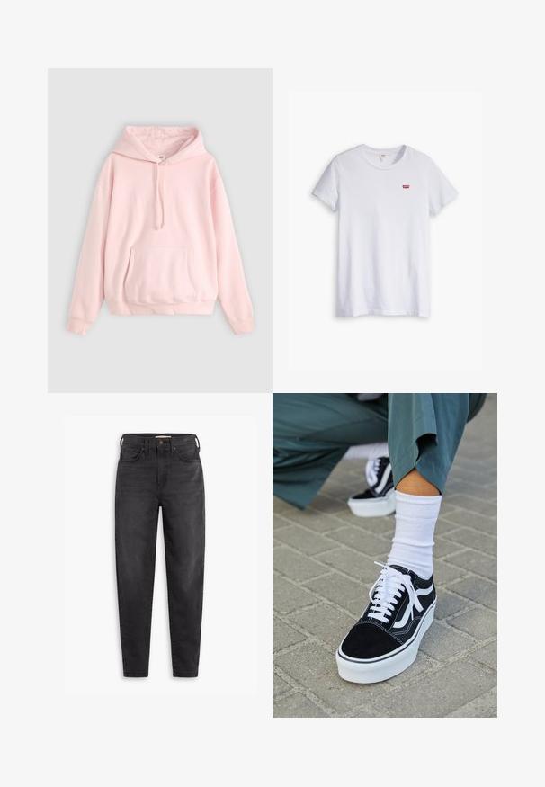 Helle rosa Kapuzenpullover mit großer Fronttasche, Kordelzug und gerippten Bündchen. Hergestellt aus weichem, bequemem Material mit minimalem Branding.; Weißes Baumwoll-T-Shirt mit kurzen Ärmeln und rundem Ausschnitt. Besitzt ein kleines rotes Levi's-Logo auf der linken Brustseite.; Schwarze hochgeschnittene Slim-Fit-Jeans mit Vorder- und Gesäßtaschen, Knopfverschluss und Gürtelschlaufen, auf einem weißen Hintergrund präsentiert.; Schwarze Wildledersneaker mit weißen Akzenten und Schnürsenkeln, ausgestattet mit einer dicken weißen Sohle und kontrastierenden Nähten, kombiniert mit einer weißen Socke.