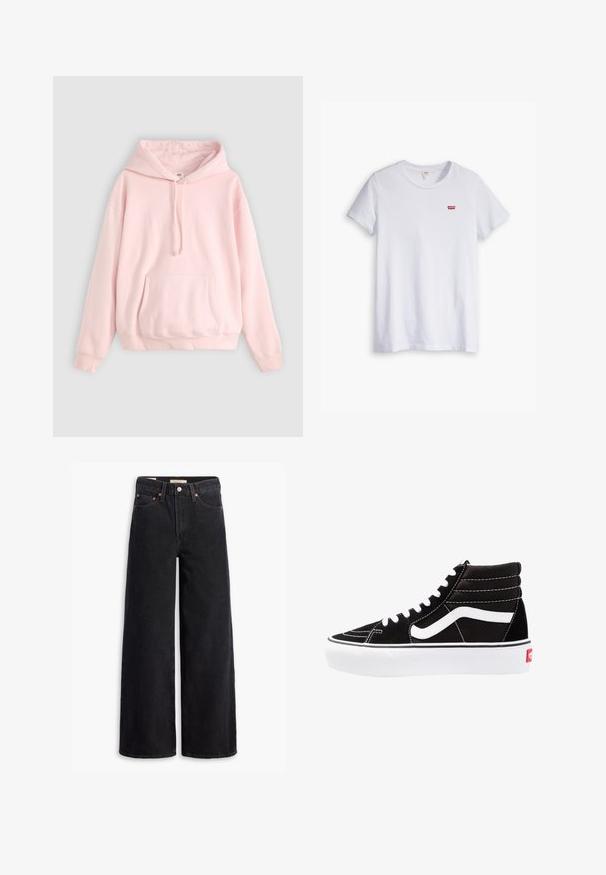 Lichtroze hoodie met een grote voorzak, kap met trekkoord en ribbels aan de mouwen. Gemaakt van zachte, comfortabele materialen met minimale merkaanduidingen.; Witte katoenen t-shirt met korte mouwen en een ronde hals. Bevat een klein rood Levi's-logo op de linkerborst.; Zwarte brede jeans gemaakt van denim, met vijf zakken, koperen klinknagels en een klassieke knoopsluiting. Glad van textuur met een strakke uitstraling.; Zwarte high-top sneakers met witte veters, een wit logo en contrasterende witte stiksels. Heeft een dikke witte zool en een bovenwerk van gestructureerd suede.