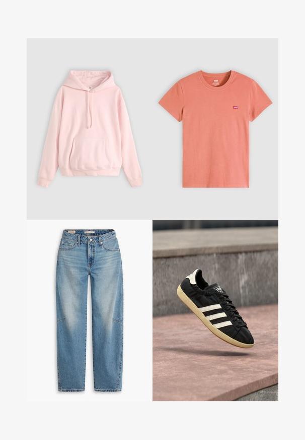 Lichtroze hoodie met een grote voorzak, kap met trekkoord en ribbels aan de mouwen. Gemaakt van zachte, comfortabele materialen met minimale merkaanduidingen.; Effen koraalkleurig T-shirt met korte mouwen en ronde hals met klein rood Levi's-logo op de linkerborst.; Lichtblauwe spijkerbroek van denim met een losse pasvorm, rechte pijpen, een knoopsluiting en vijf zakken, voorzien van subtiele vervaging en stikseldetails.; Zwarte Adidas sneaker met witte strepen en beige zool, vastgelegd in de lucht boven een stenen oppervlak en een stenen muur op de achtergrond.