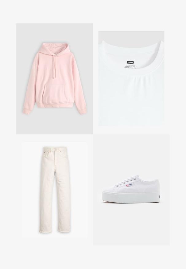 Helle rosa Kapuzenpullover mit großer Fronttasche, Kordelzug und gerippten Bündchen. Hergestellt aus weichem, bequemem Material mit minimalem Branding.; Weißes T-Shirt mit Rundhalsausschnitt und Levi's Markenlabel, das innen am Kragen eingenäht ist, hergestellt in Bangladesch.; Weiße Denim-Jeans mit geradem Bein, im Fünf-Taschen-Stil und mit kupferfarbenen Hardware-Details. Rohschnitt an den Knöcheln.; Weiße Leinenschuhe mit einer dicken weißen Plattformsohle, runder Zehenpartie und Metallösen für die Schnürsenkel. Markenlogo an der Seite angebracht.