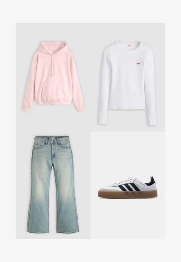Lyserød hættetrøje med en stor lommesæk foran, snøre ved hætten og ribbede manchetter. Fremstillet af blødt, komfortabelt materiale med minimal branding.; Hvid Levi's langærmet skjorte med rund halsudskæring og lille rødt Levi's-logo på venstre bryst, vist på en ensfarvet baggrund.; Lyseblå cowboybukser med høj talje, forreste knap og lynlås, fem lommer og let udvidede ben.; Hvide lædersneakers med sorte striber, gummirubber sål, rund tå, snørelukning og blød grå ruskinds tåhætte.
