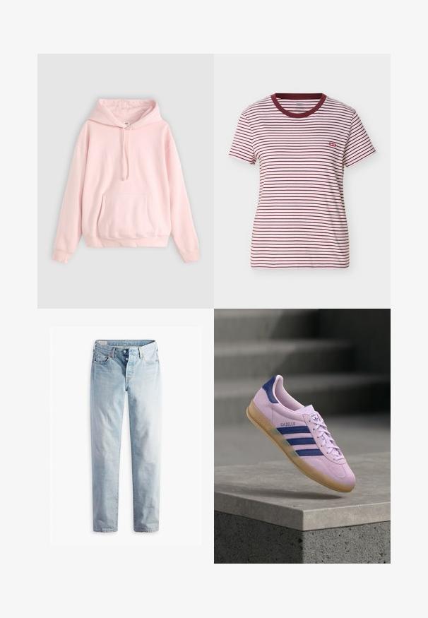 Helle rosa Kapuzenpullover mit großer Fronttasche, Kordelzug und gerippten Bündchen. Hergestellt aus weichem, bequemem Material mit minimalem Branding.; Kurzärmeliges T-Shirt mit Rundhalsausschnitt, horizontalen weißen und dunkelroten Streifen und kleinem rotem Levi's-Logo auf der linken Brust.; Hellblaue Jeans aus Denim mit geradem Bein, fünf Taschen und Metallknöpfen am Standardbund.; Hellvioletter Adidas Gazelle Sneaker mit marineblauen Streifen und Fersenlasche, Gummisohle, schwebend über einer Steinkante mit verschwommenen Treppen im Hintergrund.