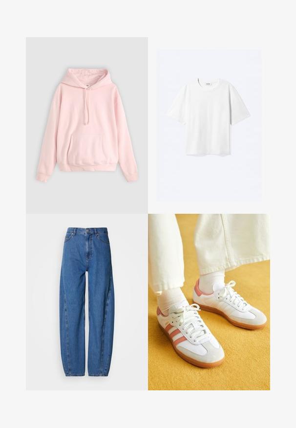 Helle rosa Kapuzenpullover mit großer Fronttasche, Kordelzug und gerippten Bündchen. Hergestellt aus weichem, bequemem Material mit minimalem Branding.; Weißes T-Shirt mit kurzen Ärmeln und Rundhalsausschnitt mit geradem Saum, innen mit gebrandetem "WEEKDAY"-Label am Kragen.; Blaue Jeans aus Denim mit weitem Schnitt, hoher Taille, zwei Fronttaschen und geradem Bein. Absteppungen entlang der Nähte.; Weiße Sportschuhe mit pinken Akzenten, aus Wildleder und Leder, runde Zehenform und Gummisohle, dargestellt mit hellen Socken vor einem gelben Hintergrund.