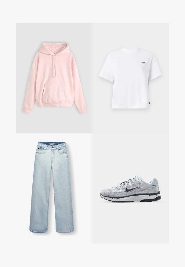 Helle rosa Kapuzenpullover mit großer Fronttasche, Kordelzug und gerippten Bündchen. Hergestellt aus weichem, bequemem Material mit minimalem Branding.; Weißes Baumwoll-T-Shirt mit einem lockeren Schnitt, das ein kleines Logopatch auf der Brust und ein Etikett an der Seite für zusätzliche Details aufweist.; Hellblaue Jeans mit hoher Taille und weitem Bein, vorne mit Knopf und Reißverschluss, fünf Taschen und Gürtelschlaufen.; Nike P-6000 Sneakers mit einem Obermaterial aus leichtem grauem Mesh, schwarzen Akzenten und einer langlebigen schwarzen Gummisohle. Verfügt über ein komplexes Design und ein Schnürsystem.