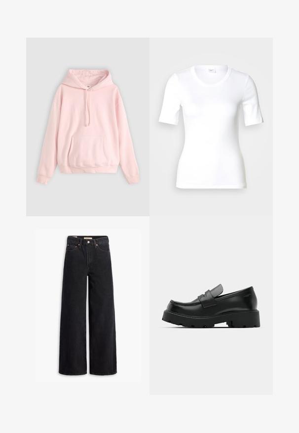 Lyserød hættetrøje med en stor lommesæk foran, snøre ved hætten og ribbede manchetter. Fremstillet af blødt, komfortabelt materiale med minimal branding.; Hvid T-shirt med korte ærmer lavet af glat bomuld, med rund halsudskæring og en tætsiddende pasform. Klassisk design uden mønstre eller detaljer.; Sorte brede benjeans lavet af denim, med fem lommer, kobbernitter og en klassisk knaplukning. Glat tekstur med et rent design.; Sorte læder loafers med en chunky tekstureret sål, der har en rem over vamps og en glat, poleret finish.