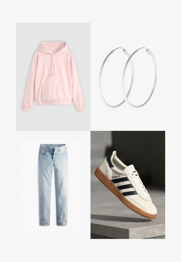 Hoodie rose clair avec une grande poche avant, capuche à cordons et poignets côtelés. Fabriqué en tissu doux et confortable avec un branding minimal.; Jean en denim bleu clair avec une coupe droite, cinq poches et des fermetures à boutons métalliques sur une ceinture standard.; Baskets en daim blanc avec des bandes navy, semelle en caoutchouc gomme, tige texturée, bout rond et lacets ; arbore un logo sur le côté et sur la languette.; Boucles d'oreilles en argent, de forme ronde lisse et finition polie. Les deux boucles d'oreilles sont de la même taille et disposent d'un mécanisme de fermeture sécurisé.