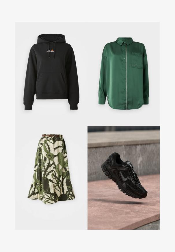 Zwarte hoodie met een voorzak, capuchon met trekkoord en een klein kleurrijk logo op de borst. Gemaakt van gladde, zachte stof met geribbelde manchetten.; Groen satijnen overhemd met een kraag, voorzak en witte bies langs de knoopsluiting; heeft lange mouwen en een afgeronde zoom.; Lange rok met een cactusprint in groen en crème tinten, met een aansluitende taille en een bruine riem voor sluiting.; Zwarte sportschoen met een mesh bovenwerk, gestructureerde accenten en een gedempte zool. Opvallende Nike-branding op de tong en slanke designelementen.