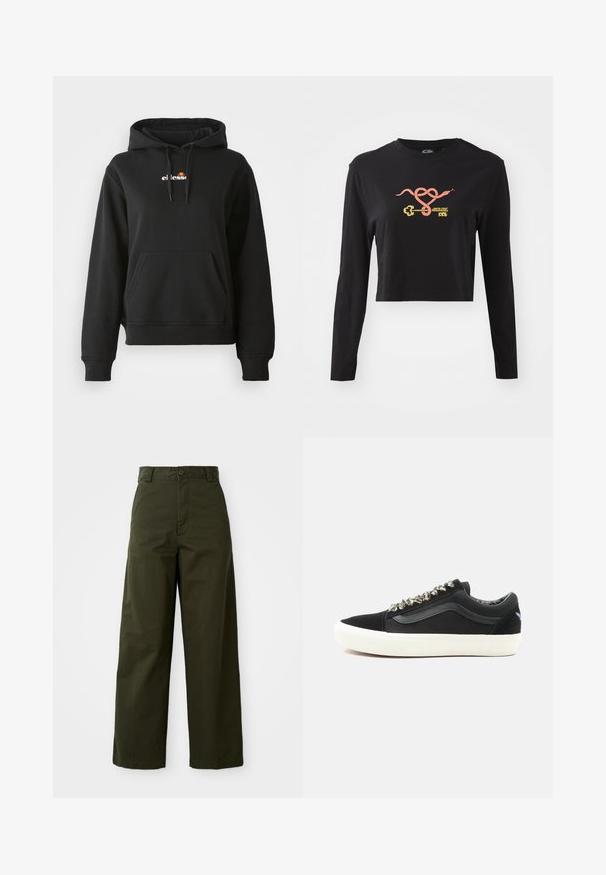 Schwarze Kapuzenjacke mit einer vorderen Tasche, Kordelzugkapuze und einem kleinen bunten Logo auf der Brust. Hergestellt aus glattem, weichem Stoff mit gerippten Bündchen.; Schwarzes langärmliges Crop-Top aus Baumwolle. Darüber ein farbenfrohes Grafikdesign von einer Schlange und einem Schlüssel auf der Vorderseite. Einfaches Rundhalsausschnitt-Design.; Olivgrüne weit geschnittene Hose aus robustem Baumwollmaterial. Verfügt über einen Knopfverschluss, einen taillierten Bund und einen geraden Schnitt ohne sichtbare Muster.; Schwarze Leinensneaker mit einer weißen Gummisohle, metallischen dekorativen Schnürsenkeln und einem seitlichen Logo. Niedrig geschnittenes Design mit glatter Textur.