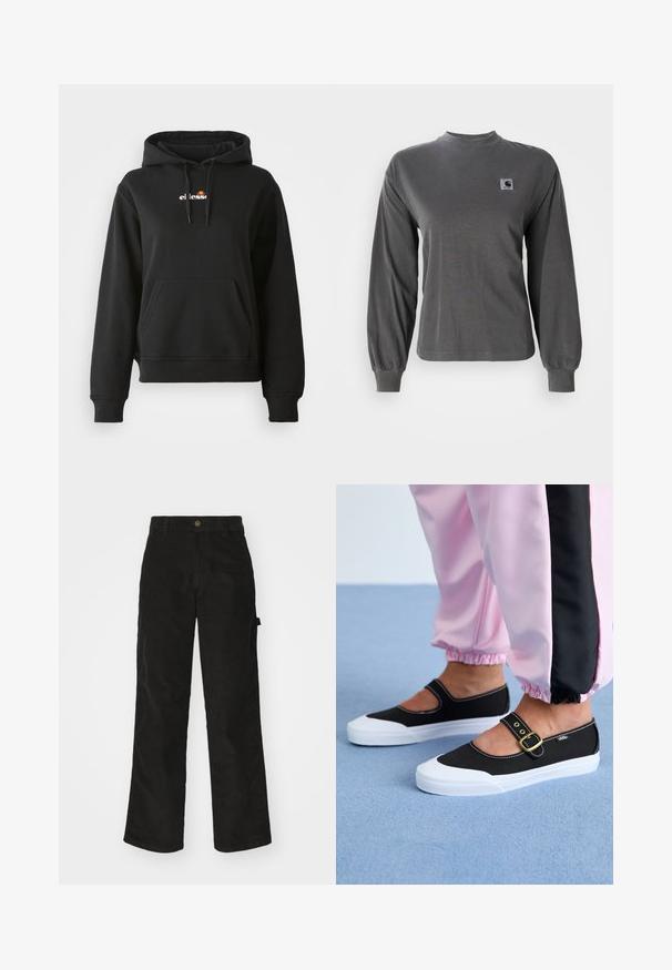 Sort hoodie med en frontlomme, snøre på hætten og et lille farverigt logo på brystet. Fremstillet af glat, blødt stof med ribbede manchetter.; Langærmet grå t-shirt lavet af bomuld, med rund halsudskæring og elastiske manchetter, samt et lille firkantet logo på brystet.; Sorte kordfløjsbukser med et lige ben-design, der har en knaplukning og sidelommer. Glat tekstur med fine lodrette striber.; Sorte lærredssko med en hvid sål, der har et udskæringsdesign og et guldspænde. Bæret med lyserøde træningsbukser.
