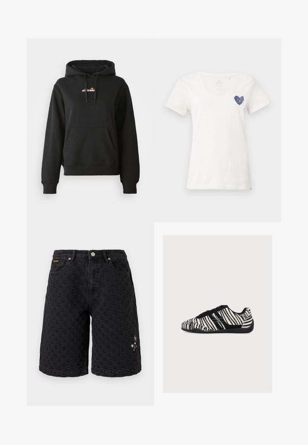 Schwarze Kapuzenjacke mit einer vorderen Tasche, Kordelzugkapuze und einem kleinen bunten Logo auf der Brust. Hergestellt aus glattem, weichem Stoff mit gerippten Bündchen.; Weißes T-Shirt mit V-Ausschnitt und kurzen Ärmeln, mit kleinem navyblauem herzförmigem Design auf der oberen linken Brust.; Schwarze knielange Shorts mit einem strukturierten karierten Muster, einer Vorderknopfleiste, Taschen und kleinen weißen Stern- und Glitzermotiven am rechten Bein.; Low-Profile Sneaker mit schwarz-weißen Zebrastripes, schwarzen Schnürsenkeln und texturierter schwarzer Sohle, von der Seite vor weißem Hintergrund gezeigt.