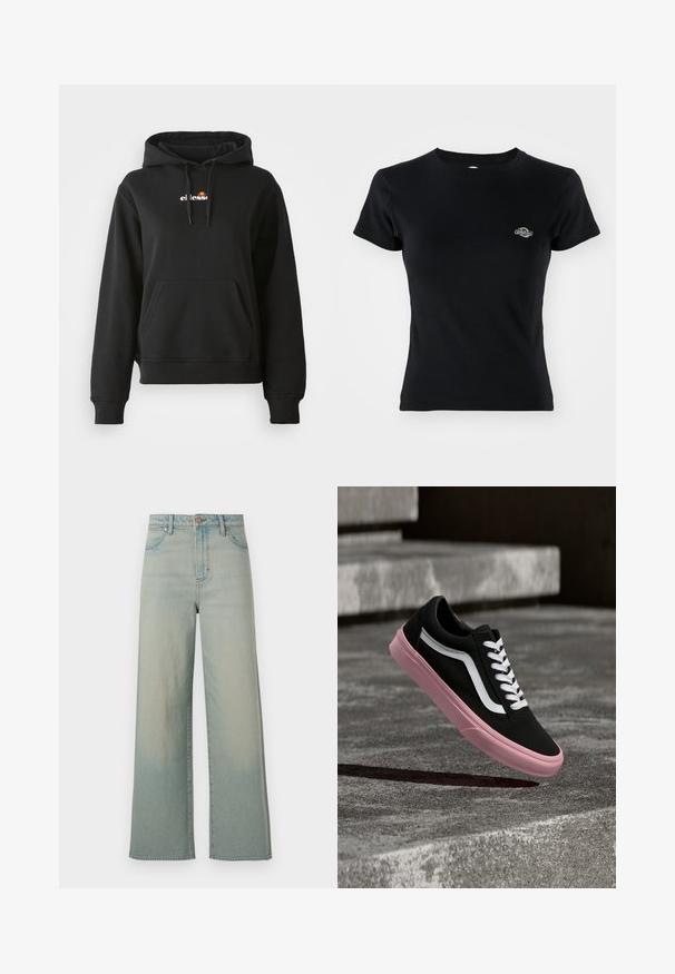 Schwarze Kapuzenjacke mit einer vorderen Tasche, Kordelzugkapuze und einem kleinen bunten Logo auf der Brust. Hergestellt aus glattem, weichem Stoff mit gerippten Bündchen.; Schwarzes geripptes T-Shirt mit Rundhalsausschnitt und kurzen Ärmeln, mit einem kleinen gestickten Logo auf der linken Brustseite.; Wrangler LOOSE STRAIGHT - Loose Jeans - silver lake; Schwarzer Sneaker mit weißem Streifen und Schnürsenkeln, rosa Sohle, über Betontreppen mit strukturiertem grauem Hintergrund positioniert.