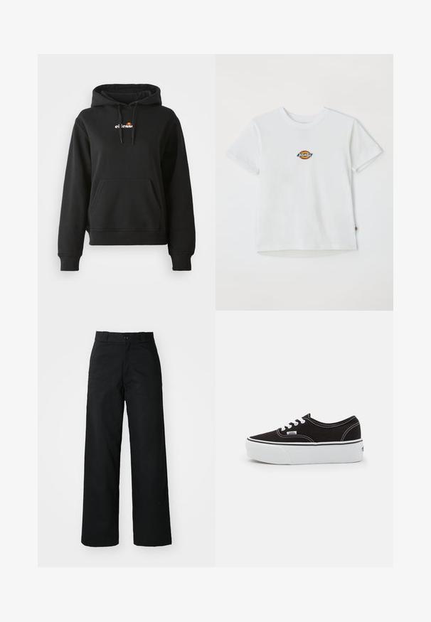Sort hoodie med en frontlomme, snøre på hætten og et lille farverigt logo på brystet. Fremstillet af glat, blødt stof med ribbede manchetter.; Hvid bomulds t-shirt med et rundt logo med flerfarvede accenter. Korte ærmer og rund halsudskæring, med et lille mærke ved kanten.; Sorte vide bukser med flad front, knaplukning og bæltestropper. Fremstillet af holdbart stof med en glat tekstur.; Sort lærred sneakers med en hvid gummi platform sål, der har hvide snørebånd og syninger, ikonisk branding på siden, lav-top design.