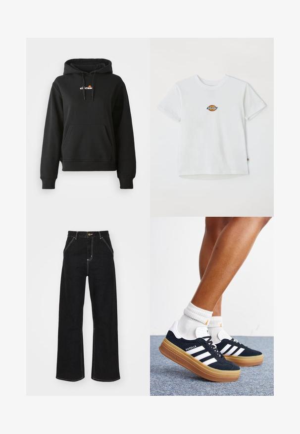 Zwarte hoodie met een voorzak, capuchon met trekkoord en een klein kleurrijk logo op de borst. Gemaakt van gladde, zachte stof met geribbelde manchetten.; Witte katoenen t-shirt met een rond logo met meerkleurige accenten. Korte mouwen en een ronde halslijn, met een klein label aan de onderkant.; Zwart wijde jeans gemaakt van denim. Voorzien van contrasterende witte stiksels, voorkanten zakken en een knoopsluiting in de taille.; Ben met witte sokken en zwarte Adidas Gazelle sneakers met witte strepen en dikke bruine zolen op een grijs tapijt.