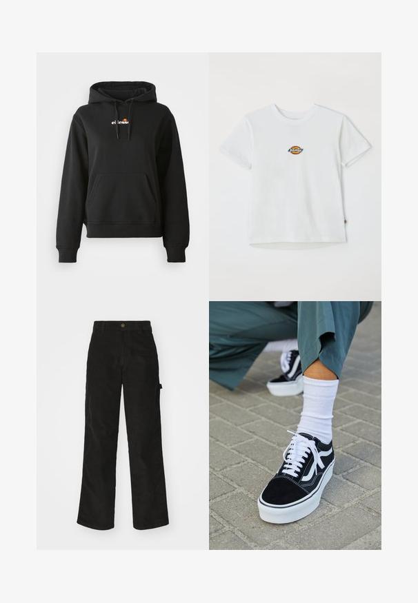 Sort hoodie med en frontlomme, snøre på hætten og et lille farverigt logo på brystet. Fremstillet af glat, blødt stof med ribbede manchetter.; Hvid bomulds t-shirt med et rundt logo med flerfarvede accenter. Korte ærmer og rund halsudskæring, med et lille mærke ved kanten.; Sorte kordfløjsbukser med et lige ben-design, der har en knaplukning og sidelommer. Glat tekstur med fine lodrette striber.; Sorte ruskinds sneakers med hvide accenter og snørebånd, der har en tyk hvid sål og kontrasterende syninger, parret med en hvid sok.