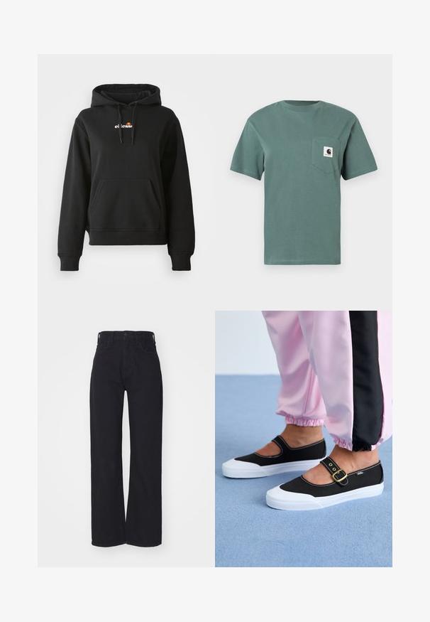Zwarte hoodie met een voorzak, capuchon met trekkoord en een klein kleurrijk logo op de borst. Gemaakt van gladde, zachte stof met geribbelde manchetten.; Groen, kortemouwen T-shirt van katoen met een zak op de linkerborst en een logo-opdruk. Eenvoudig, klassiek ontwerp zonder patronen.; Zwarte hoge taille wijdlopende jeans met een sluiting aan de voorkant met knoop en rits, ceintuurlussen en twee voorzakken op een witte achtergrond.; Zwarte canvas schoenen met een witte zool, met een uitgesneden ontwerp en een gouden gespband. Draagt met roze joggingsbroek.