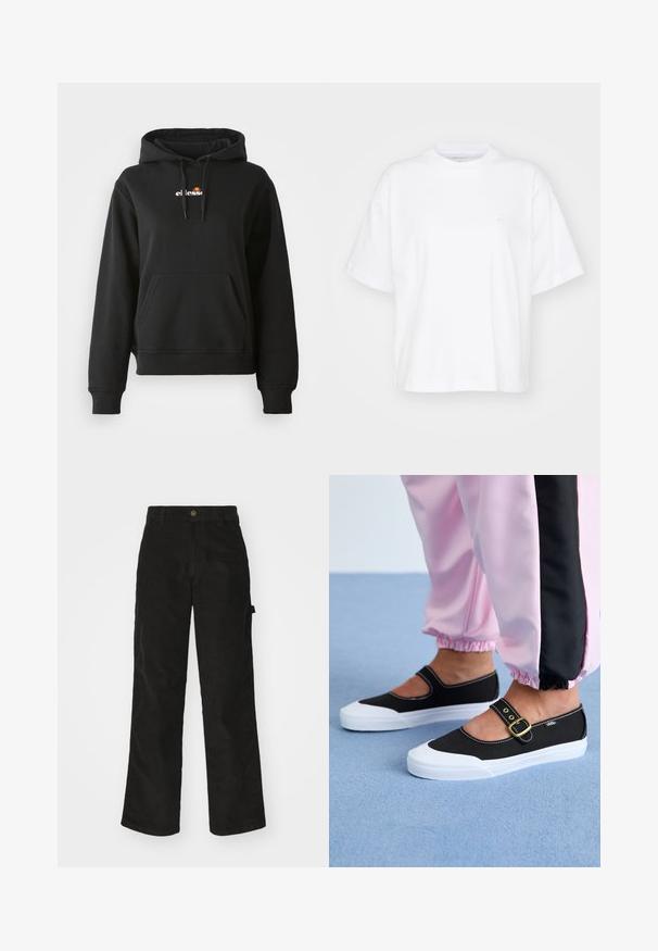 Sort hoodie med en frontlomme, snøre på hætten og et lille farverigt logo på brystet. Fremstillet af glat, blødt stof med ribbede manchetter.; Hvid bomulds t-shirt med rund hals, korte ærmer og en afslappet pasform. Har et diskret logo på venstre brystområde. Glat tekstur.; Sorte kordfløjsbukser med et lige ben-design, der har en knaplukning og sidelommer. Glat tekstur med fine lodrette striber.; Sorte lærredssko med en hvid sål, der har et udskæringsdesign og et guldspænde. Bæret med lyserøde træningsbukser.