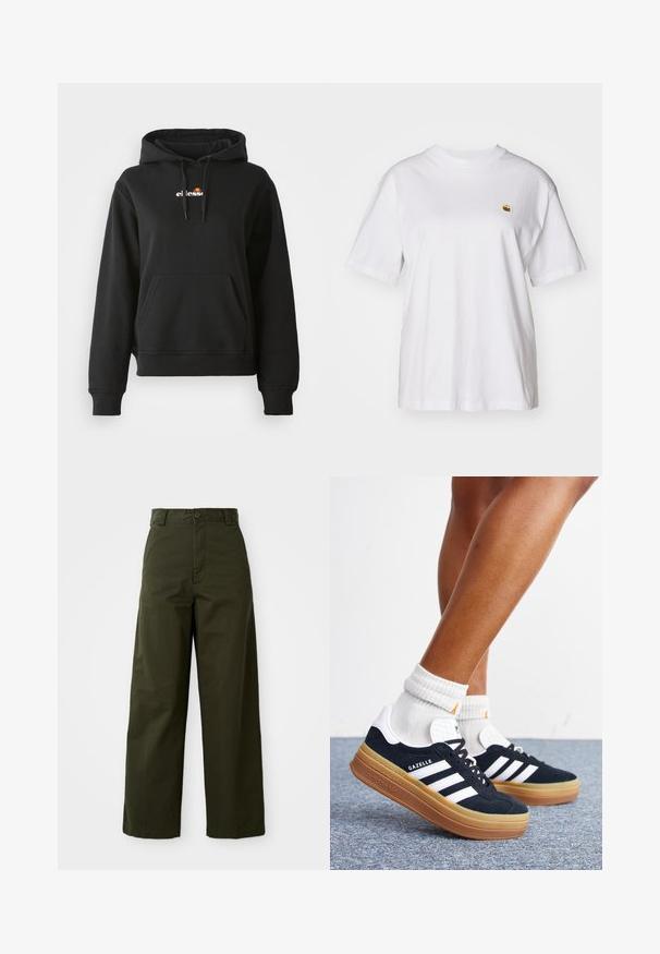 Zwarte hoodie met een voorzak, capuchon met trekkoord en een klein kleurrijk logo op de borst. Gemaakt van gladde, zachte stof met geribbelde manchetten.; Witte katoenen t-shirt met een relaxte pasvorm, korte mouwen en een klein geborduurd logo op de linkerborst.; Olijfgroene wijde broek van stevige katoen. Voorzien van een knoopsluiting, een gebonden tailleband en een rechte snit zonder zichtbare patronen.; Ben met witte sokken en zwarte Adidas Gazelle sneakers met witte strepen en dikke bruine zolen op een grijs tapijt.