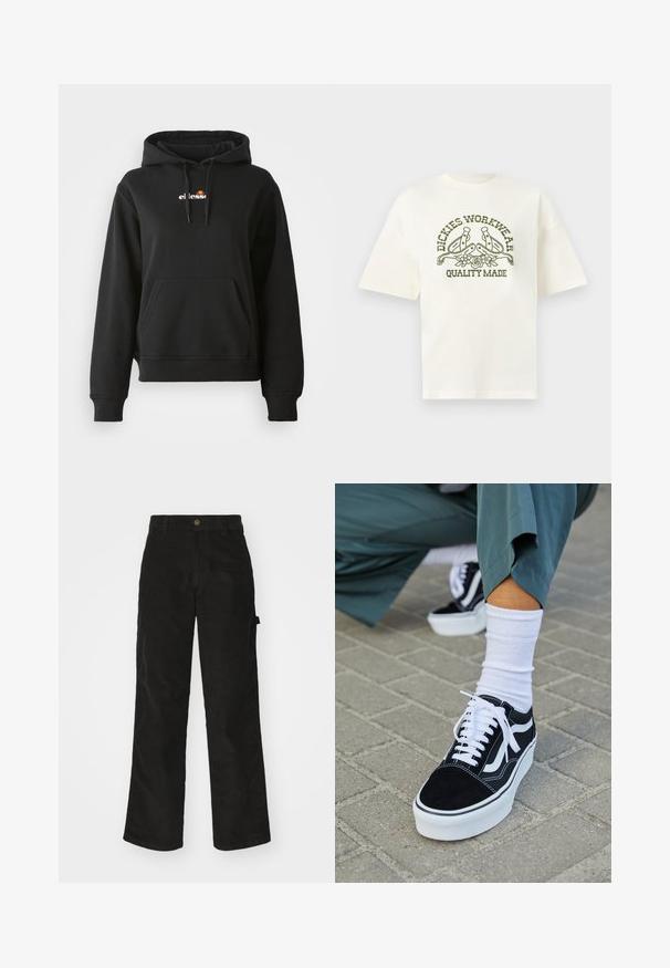 Sort hoodie med en frontlomme, snøre på hætten og et lille farverigt logo på brystet. Fremstillet af glat, blødt stof med ribbede manchetter.; Hvid kortærmet T-shirt med olivengrøn "Dickies Workwear Quality Made" tekst og grafik af to sporer og blomster på fronten.; Sorte kordfløjsbukser med et lige ben-design, der har en knaplukning og sidelommer. Glat tekstur med fine lodrette striber.; Sorte ruskinds sneakers med hvide accenter og snørebånd, der har en tyk hvid sål og kontrasterende syninger, parret med en hvid sok.