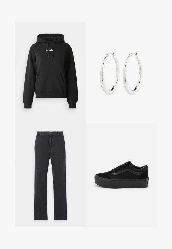 Schwarze Kapuzenjacke mit einer vorderen Tasche, Kordelzugkapuze und einem kleinen bunten Logo auf der Brust. Hergestellt aus glattem, weichem Stoff mit gerippten Bündchen.; Schwarze Jeans mit geradem Bein, vorderem Knopf- und Reißverschluss, Gürtelschlaufen und klassischem Fünf-Taschen-Design, flach auf weißem Hintergrund liegend.; Schwarze Sneaker aus Wildleder und Canvas, mit einer runden Zehenpartie, flachem Schnürdesign und einer dicken Gummisohle mit subtiler Markenkennzeichnung.; Silberne Creolen mit einer glatten, glänzenden Oberfläche. Kreisform, ausgestattet mit einem sicheren Verschluss. Einfaches und elegantes Design.