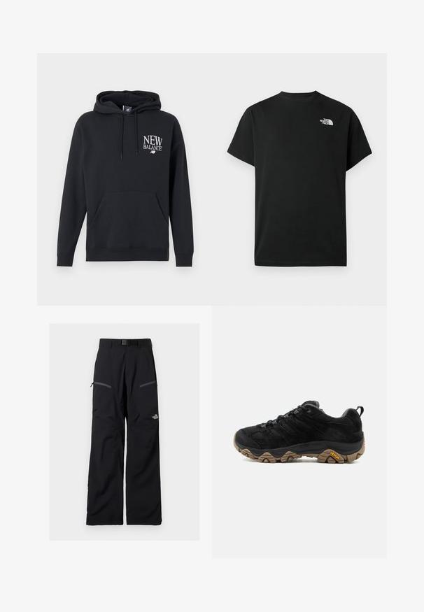 Μαύρο φούτερ New Balance με τσέπη μπροστά και λευκό λογότυπο στο αριστερό στήθος, με ρυθμιζόμενο κορδόνι στη κουκούλα.; Μαύρο κοντομάνικο μπλουζάκι από βαμβάκι. Διαθέτει λευκό λογότυπο στο αριστερό στήθος. Απλή γραμμή με στρογγυλή λαιμόκοψη και ελάχιστες σχεδιαστικές λεπτομέρειες.; Μαύρο εξωτερικό παντελόνι με ρυθμιζόμενη ζώνη, δύο τσέπες με φερμουάρ στους μηρούς και το λογότυπο The North Face στο δεξί πόδι.; Μαύρο ορειβατικό παπούτσι με ανθεκτική καφέ Vibram σόλα, επάνω μέρος από δίχτυ και σουέτ, σχεδιασμό με κορδόνια και πίσω ταινία έλξης, εμφανίζεται από την εξωτερική πλευρά.