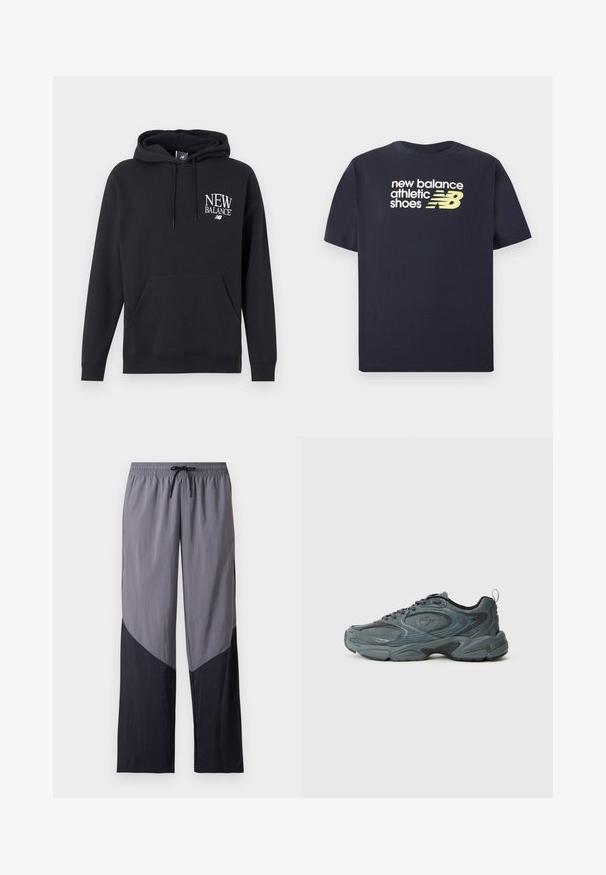 Μαύρο φούτερ New Balance με τσέπη μπροστά και λευκό λογότυπο στο αριστερό στήθος, με ρυθμιζόμενο κορδόνι στη κουκούλα.; Σκούρο μπλε μπλουζάκι με κείμενο σε κρεμ αποχρώσεις "new balance athletic shoes" και ανοιχτό κίτρινο λογότυπο New Balance "NB" στο στήθος.; Ανοιχτό γκρι και μαύρο παντελόνι casual με ελαστική μέση και μαύρο κορδόνι στο μπροστινό μέρος.; Γκρι αθλητικό παπούτσι με υφή στην επάνω πλευρά, στρογγυλή μύτη και χοντρή σόλα με μαύρες λεπτομέρειες. Διαθέτει κορδόνια και λουράκι στο πίσω μέρος.