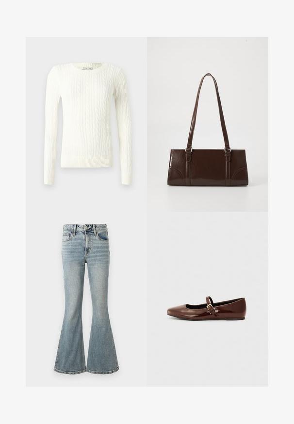 Pull blanc en maille côtelée avec manches longues, encolure ronde et ourlet côtelé. Confectionné dans un tissu texturé avec une coupe classique et ajustée.; Jean denim bleu clair taille haute avec jambes évasées, bouton à l'avant, fermeture éclair, et design à cinq poches sur fond blanc.; Ballerine en cuir verni marron avec un bout carré et une lanière ornée d'une petite boucle dorée. Texture lisse, talon bas et design minimaliste.; Sac à main en cuir verni marron de forme rectangulaire, avec deux longues poignées et des accents courbés subtils à l'avant.