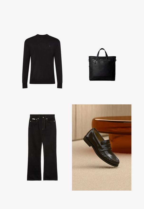 Pull noir à manches longues avec col rond, petit logo discret sur la partie supérieure gauche de la poitrine et poignets et bas côtelés.; Jean noir droit avec coutures orange, cinq poches, fermeture par bouton, et une petite étiquette Calvin Klein sur la poche avant droite.; Mocassin en cuir noir brillant avec un détail de bride, posé sur un tapis beige près d'une table basse ronde en bois brun dans une pièce doucement éclairée.; Sac cabas noir avec doubles poignées, grande poche avant en cuir avec fermeture éclair et logo discret Calvin Klein au centre de la poche.