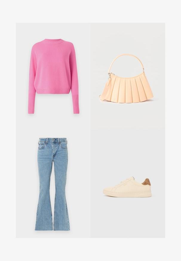 CLOSED CREW NECK CROPPED - Svetrík - flamingo pink; Svetlomodré rifle z denimu so zvonovým strihom a vysokým pásom, ktoré majú predné zapínanie na gombíky, päť vreciek a jemné vyblednutie na stehnách.; Nízka béžová teniska s béžovými šnúrkami, opáleným vzorovaným pásikom na päte a logom "Coach New York" na boku.; Béžová skladaná kabelka s zaoblenou rukoväťou a odnímateľným ramenným popruhom, zobrazená na jednoliatom svetlom pozadí.