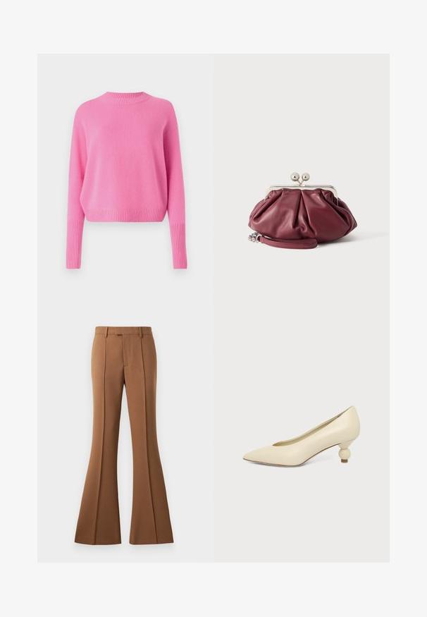 CLOSED CREW NECK CROPPED - Striktrøje - flamingo pink; Brune, flagrende bukser lavet af glat stof, med høj talje, pressesøm og en forlomma for ekstra detalje.; Kremfarvet damesko med spids snude og lav hæl, hvor hælen er rund og kugleformet, på en ensfarvet baggrund.; Lille bordeaux rød læder clutch-pung med sølv metal lukning og håndledsrem på hvid baggrund.