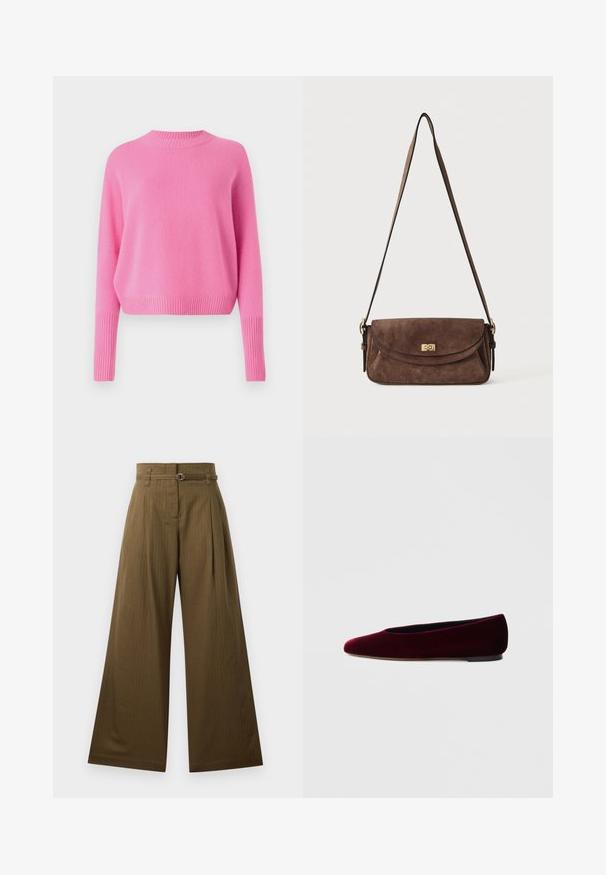 CLOSED CREW NECK CROPPED - Trui - flamingo pink; Brede broek in olijfgroene stof, met een hoge taille, voorplooien en een zilveren ronde riemgesp. Soepele textuur.; Bordeauxrode ballerina's van fluweel met een ronde neus en lage hak, met een gladde textuur en strakke vormgeving.; Bruine suède schoudertas met een lange verstelbare band en een gouden draaisluiting op de voorflap.