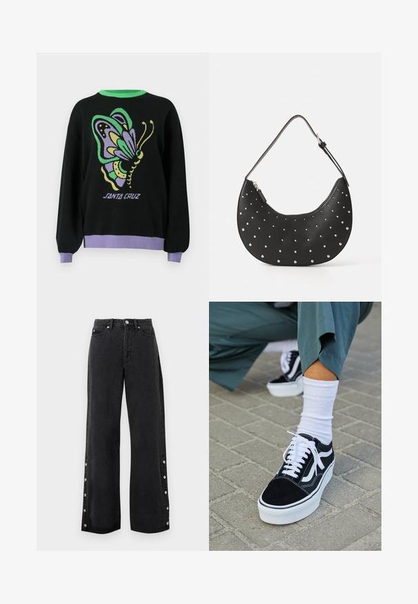 Pull noir avec un graphique de papillon coloré, un col côtelé vert et des poignets et ourlet côtelés violets. Texte "SANTA CRUZ" en dessous du design.; Jean noir à jambes larges avec taille haute et détails de boutons le long des coutures extérieures, de la cheville jusqu'au milieu du mollet.; Baskets en suède noir avec des accents et des lacets blancs, présentant une épaisse semelle blanche et des coutures contrastantes, associées à une chaussette blanche.; Sac à main en cuir noir avec une forme arrondie, orné de clous en argent, doté d'une fermeture éclair et d'une seule sangle ajustable.