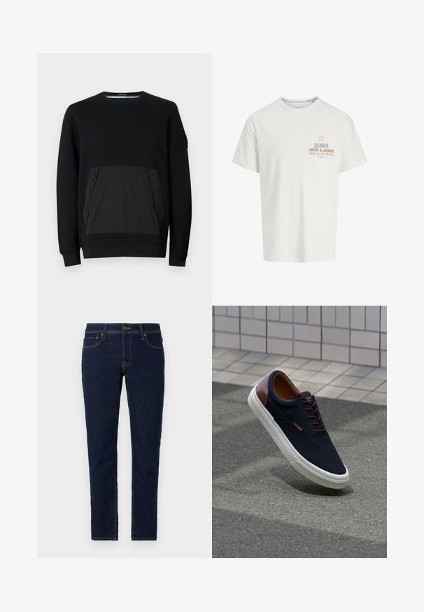 Sort sweatshirt med en tekstureret sort lomme med trykknaplukninger, rund hals og lange ærmer. Glat stof med en diskret glans.; Hvid kortærmet T-shirt med lille solgrafik og teksten "Jack & Jones," "Big Wave Lines," og "Sun, Surf & Good Times" på brystet.; Mørkeblå denim jeans med slim fit. Har standard fem-lomme design, kontrasterende syninger og lukning med metalknap.; Marineblå canvas sneakers med brune læderdetaljer, hvid gummisål og brune snørebånd. Har et minimalistisk design og logo-detajle.