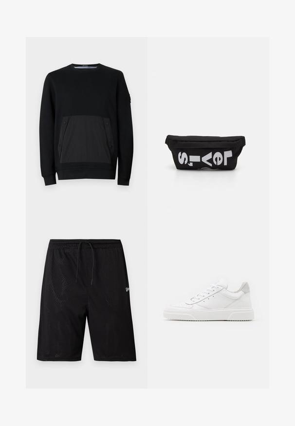 Sort sweatshirt med en tekstureret sort lomme med trykknaplukninger, rund hals og lange ærmer. Glat stof med en diskret glans.; Sorte mesh sportsshorts med snor i taljen, med en perforeret tekstur og et lille hvidt logo på den nederste højre side.; Hvide lædersneakers med en glat finish, rund tå, flade snørebånd og en struktureret sål. Grå ruskindsdetalje ved hælen.; Sort stoftaske med flad form, prydet med fed hvid tekst. Lynlåsen er placeret øverst, med en løkke detalje på den ene side.