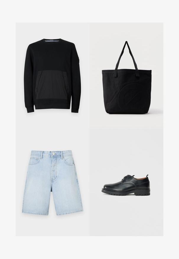 Sweatshirt noir avec une poche texturée noire à fermetures à pression, col rond et manches longues. Tissu lisse avec un subtil éclat.; Shorts en denim bleu clair à coupe droite, avec poches avant, fermeture à bouton et couture décontractée. Texture lisse sans motifs.; Chaussures derby en cuir noir avec une texture lisse, bout rond, design à lacets et une semelle en caoutchouc épaisse et robuste.; Sac fourre-tout en toile noire avec deux bandoulières et un motif circulaire discret en relief sur le devant.