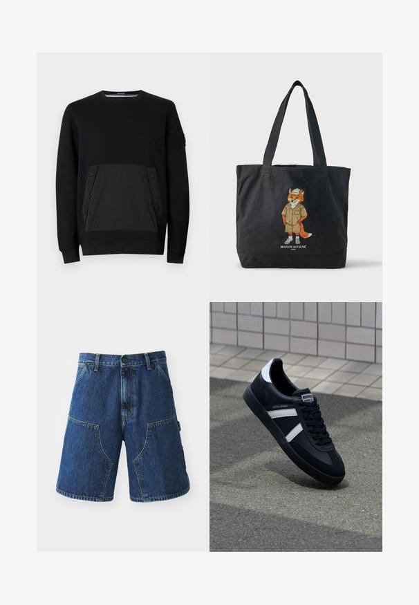 Sort sweatshirt med en tekstureret sort lomme med trykknaplukninger, rund hals og lange ærmer. Glat stof med en diskret glans.; Denim shorts med en mørkeblå vask, der har store forlommer, en knaplukning og synlige sømme langs kanterne.; Sort lædersneaker med hvide striber, tekstureret gummisål og snørrebånd foran. Har et brandet mærke på tungen.; Sort mulepose med to håndtag, med illustration af en ræv iført hat og shorts samt teksten "Maison Kitsuné Paris" nedenunder.