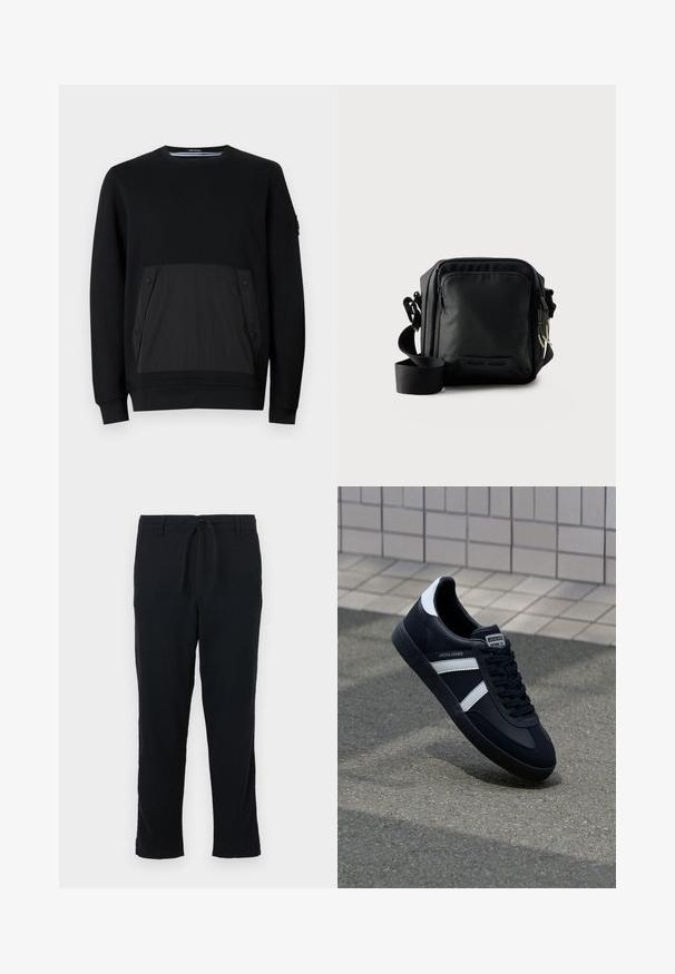 Sort sweatshirt med en tekstureret sort lomme med trykknaplukninger, rund hals og lange ærmer. Glat stof med en diskret glans.; Sorte bukser lavet af blødt stof med elastisk talje, lige ben og simpel kant uden lommer eller udsmykninger.; Sort lædersneaker med hvide striber, tekstureret gummisål og snørrebånd foran. Har et brandet mærke på tungen.; Sort kompakt crossbody taske med front lynlåslomme, justerbar rem og tekstureret stof mod en ensfarvet baggrund.